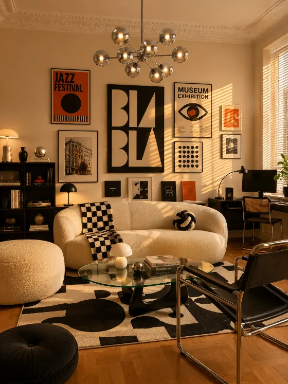 Warm modernist living room with curved cream sofa, geometric rug, graphic wall art, glass coffee table, and black leather lounge chair.