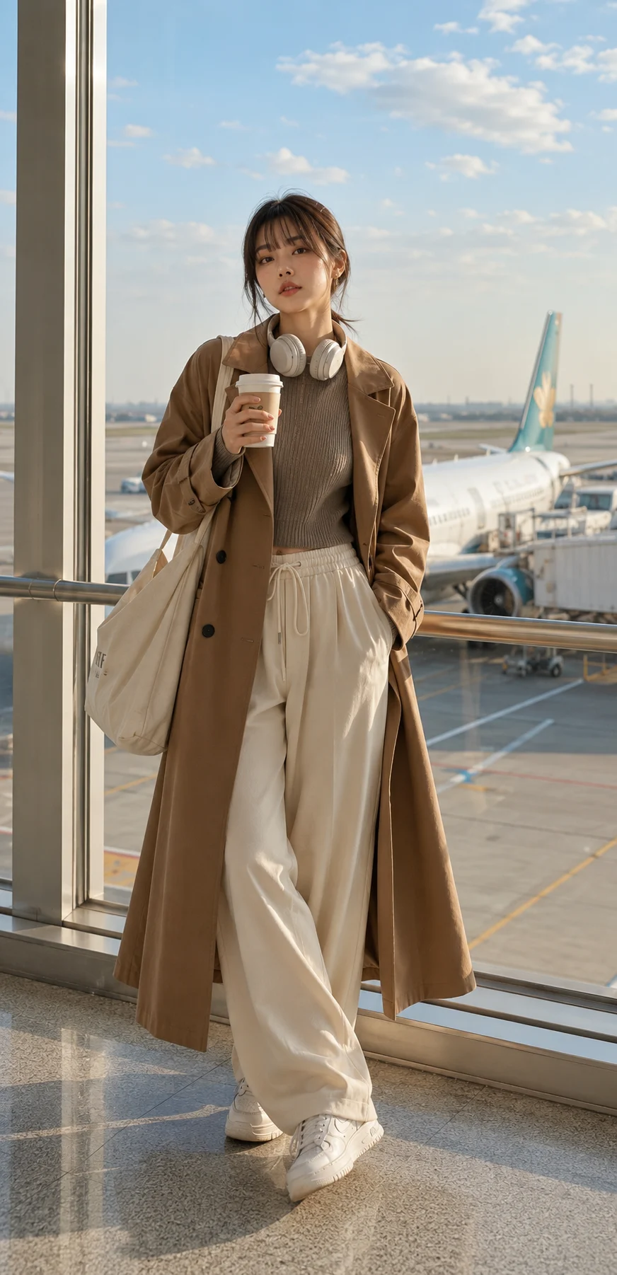 Airport fashion subject in a camel trench coat, cream wide-leg trousers, headphones, tote, and white sneakers