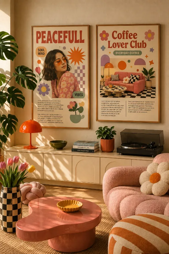 Retro living room corner with framed graphic posters, cream media cabinet, pink sofa, orange lamp, checkerboard vase, and tropical foliage.