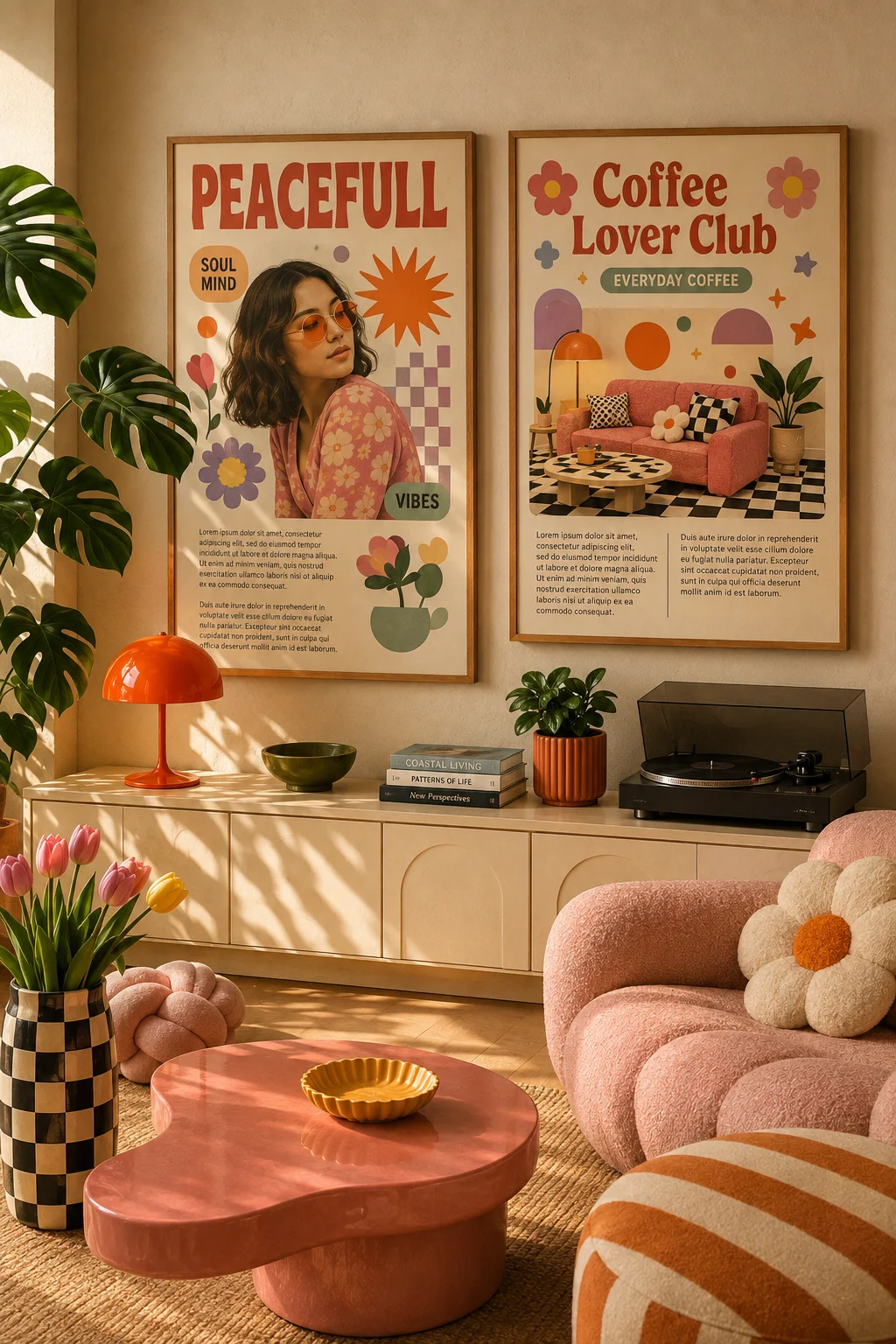 Retro living room corner with framed graphic posters, cream media cabinet, pink sofa, orange lamp, checkerboard vase, and tropical foliage.