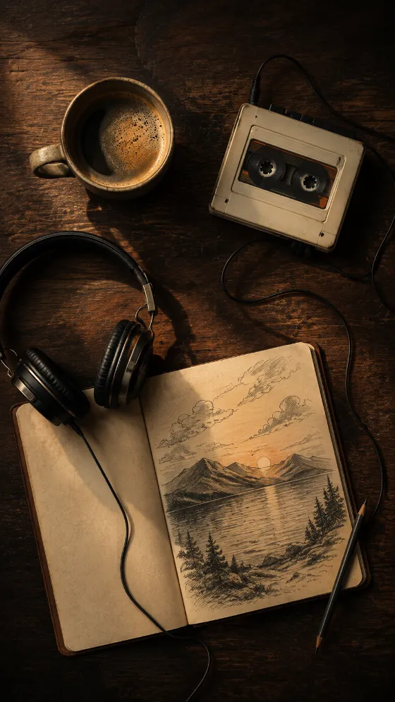 Overhead wooden desk with coffee, vintage cassette player, headphones, and an open landscape sketchbook in warm light.