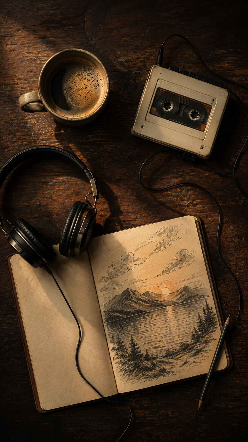 Overhead wooden desk with coffee, vintage cassette player, headphones, and an open landscape sketchbook in warm light.