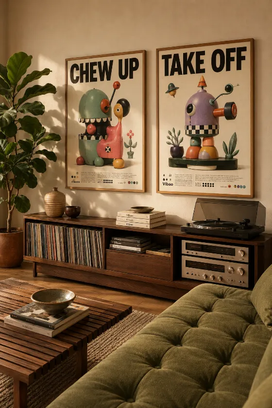 Warm walnut media living room with framed graphic posters, vinyl records, turntable, olive tufted sofa, and natural wood furniture.