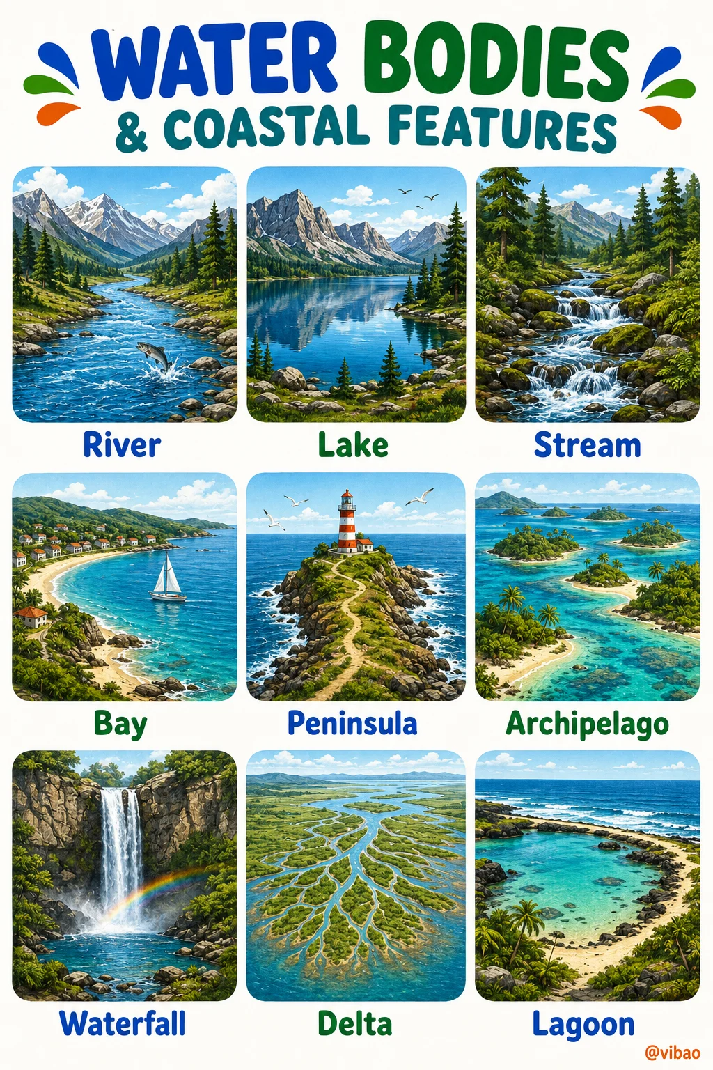 Educational water features chart with nine labeled miniature landscapes arranged in a three-by-three grid.