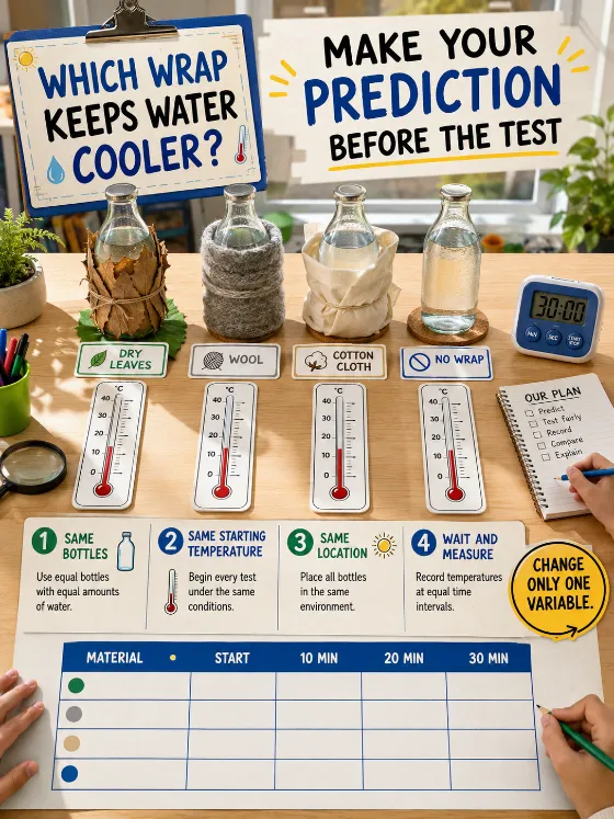 Four identical water bottles wrapped in leaves, wool, cotton, or left bare on a bright classroom workbench, with oversized thermometers, a timer, student hands, and a blank temperature table.