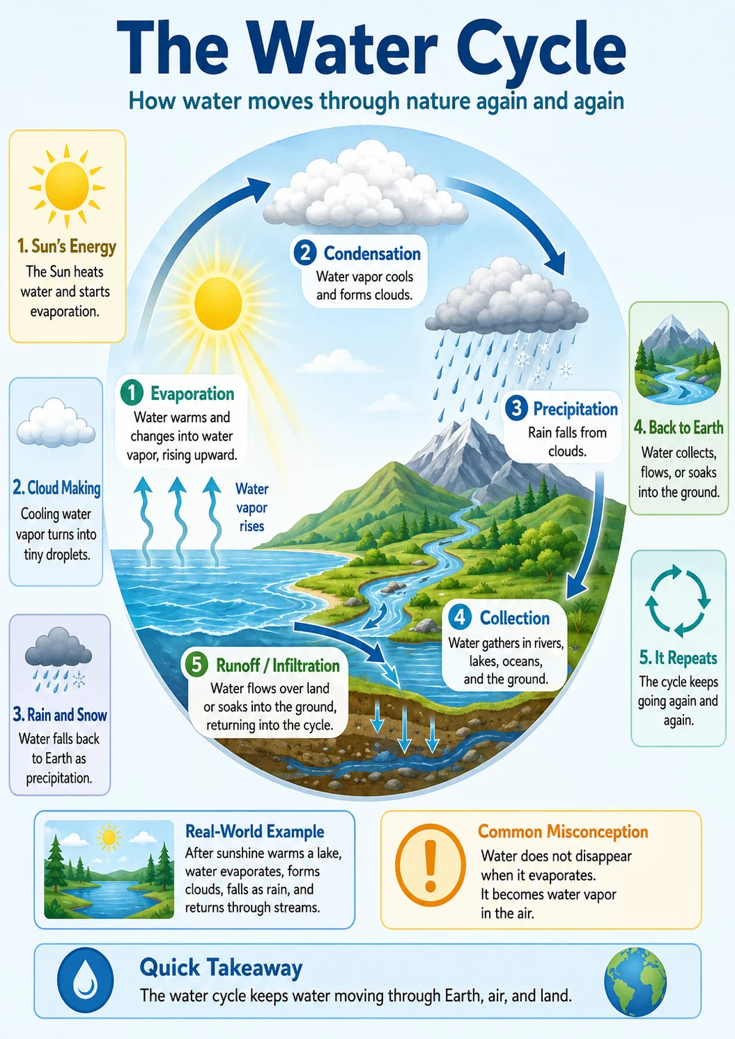 Visual water cycle learning infographic with arrows connecting evaporation, condensation, precipitation, collection, runoff, and infiltration.