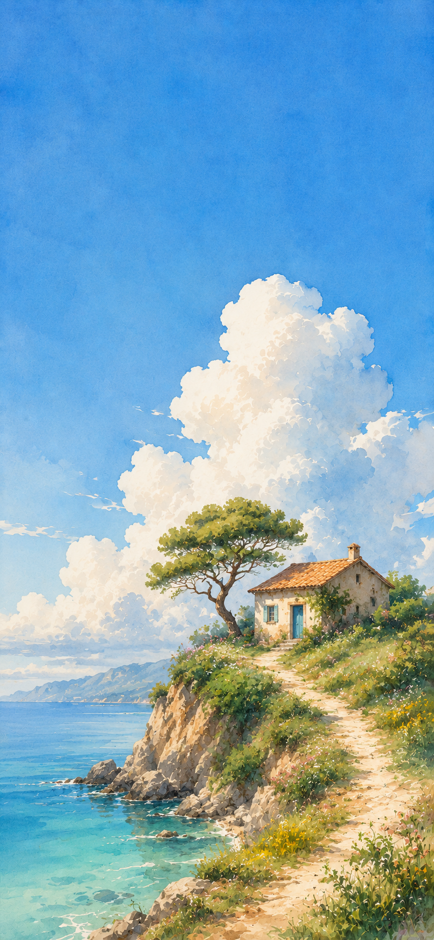 Watercolor illustration of a coastal cottage on a rocky cliff beneath dramatic clouds and a bright blue sky.
