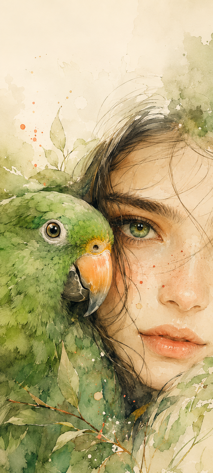 Watercolor close-up portrait of a young woman beside a green parrot with expressive eyes and soft cream tones.