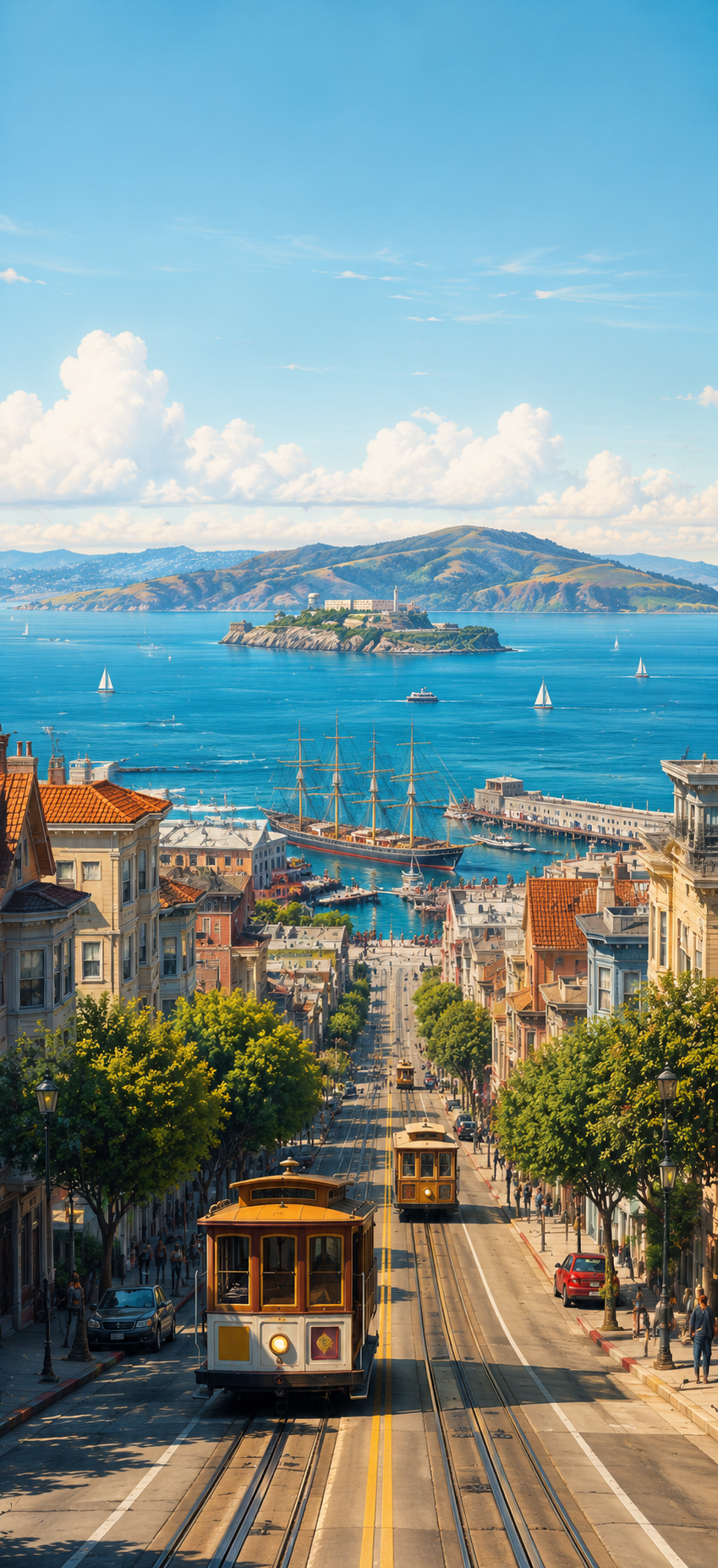 Colorful vertical cityscape with cable cars descending a steep street toward a blue harbor with sailing ships, an island, and distant hills.
