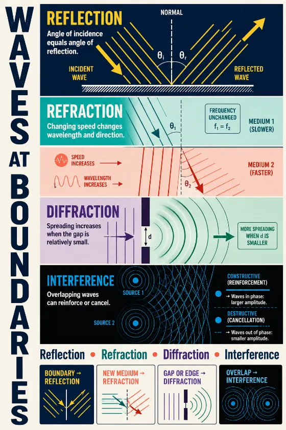 Educational four-band wave poster showing reflection, refraction, diffraction, interference, angle markers, wavefront spacing, and a comparison glossary.
