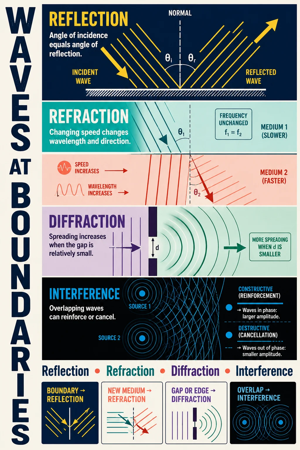 Educational four-band wave poster showing reflection, refraction, diffraction, interference, angle markers, wavefront spacing, and a comparison glossary.