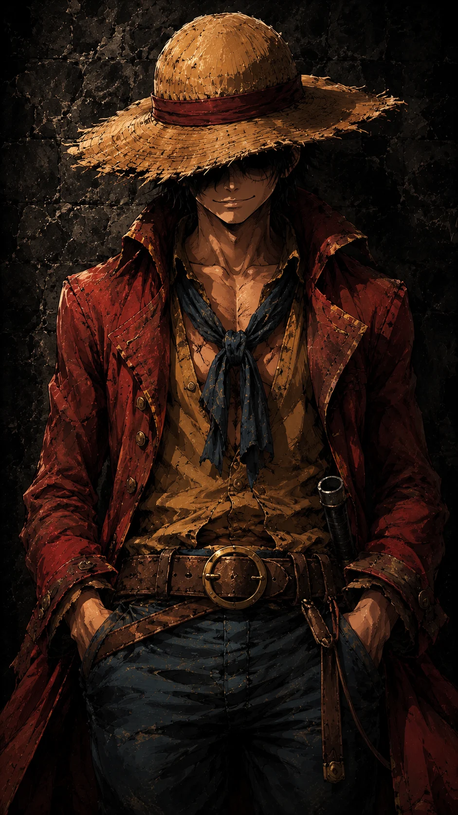 Dark fantasy character artwork featuring an original pirate-inspired figure with a weathered straw hat, distressed red coat, and dark scarf against a textured stone wall.