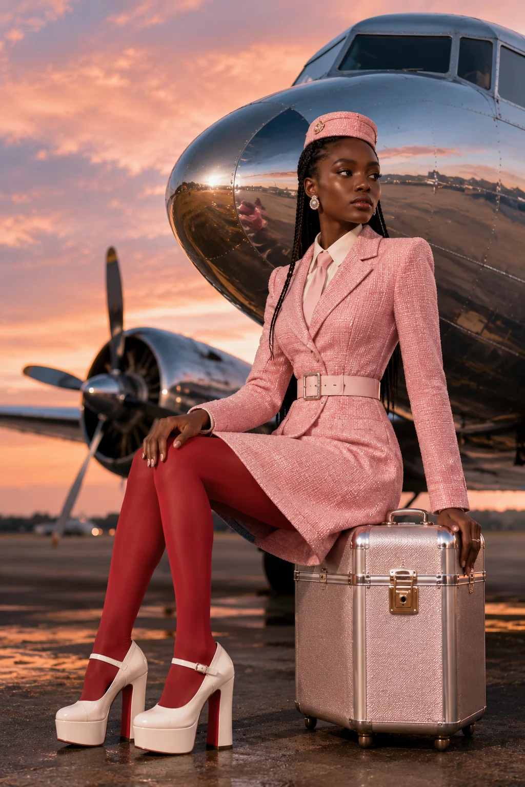 Young West African fashion subject with deep ebony skin and Fulani braids seated beside a polished aircraft in a pink tailored coat dress, red tights, and white platform heels at sunset.