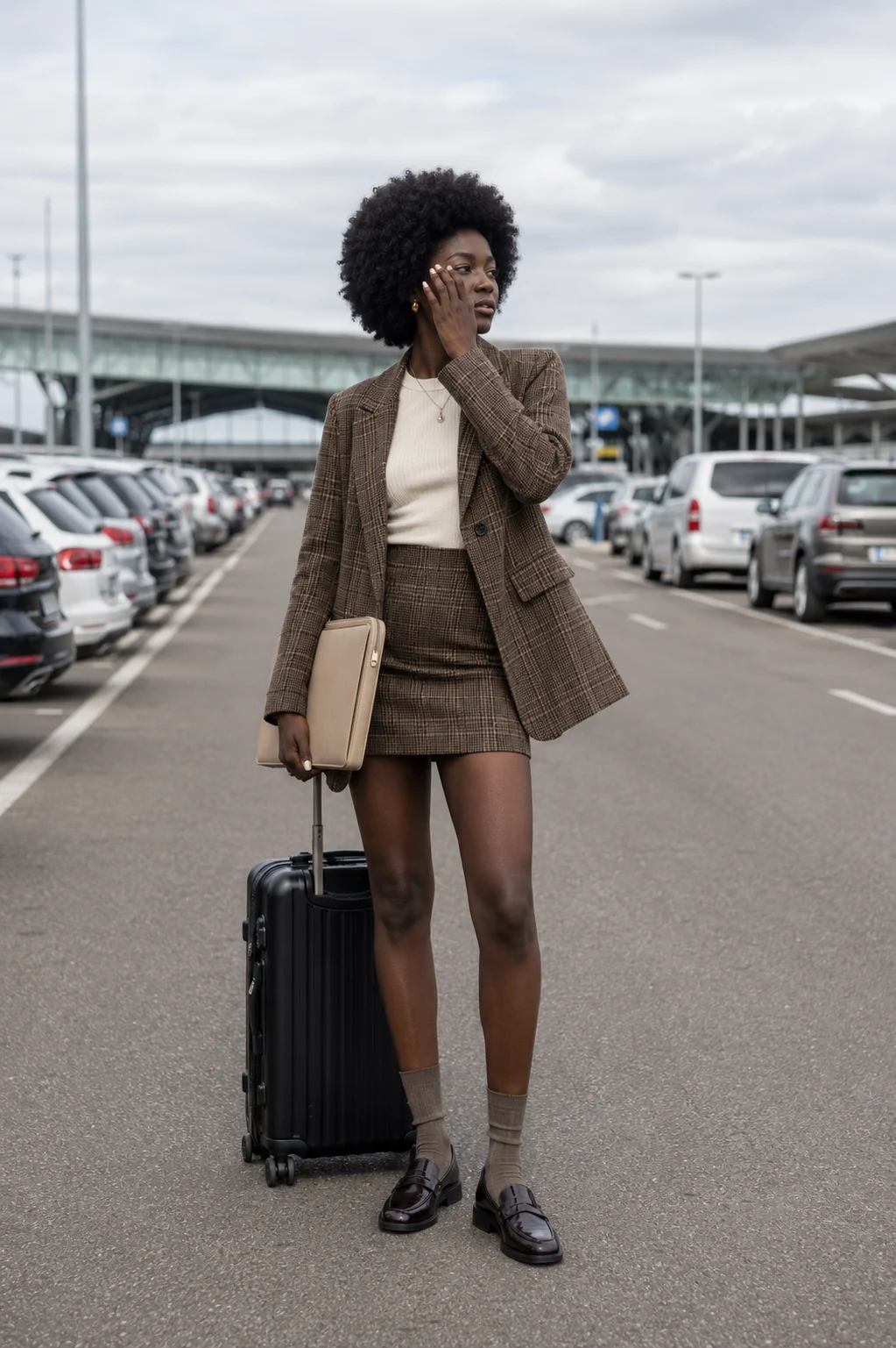 Travel-inspired fashion portrait of a young West African fashion subject in a plaid blazer and mini skirt standing with a suitcase on an open parking lane.