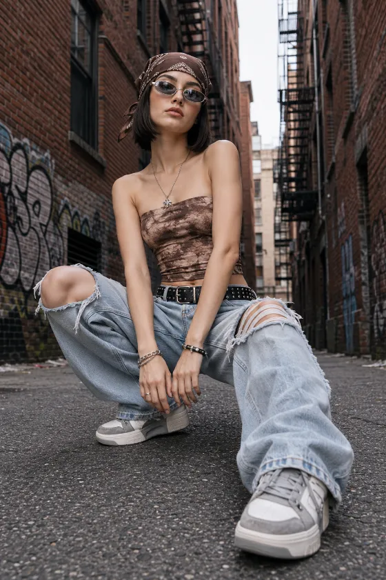 Young Western European fashion subject with fair ivory skin and a modern micro bob crouching in a brick alley wearing a brown bandana, sunglasses, brown bandeau top, ripped light-blue jeans, and chunky gray-and-white sneakers.