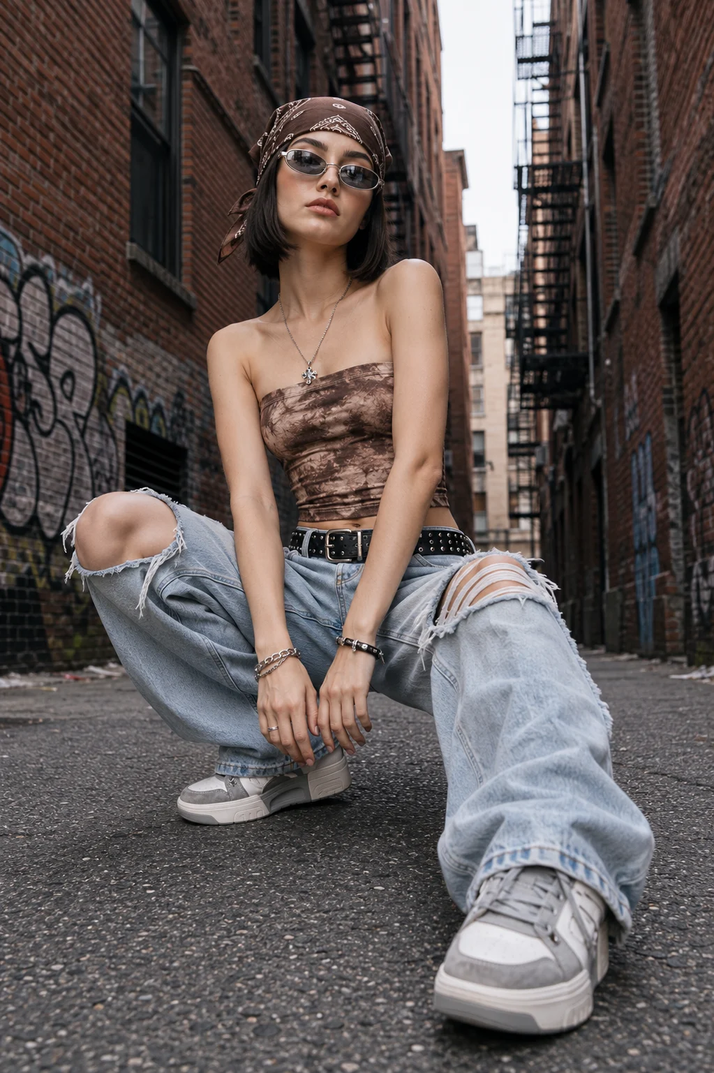 Young Western European fashion subject with fair ivory skin and a modern micro bob crouching in a brick alley wearing a brown bandana, sunglasses, brown bandeau top, ripped light-blue jeans, and chunky gray-and-white sneakers.