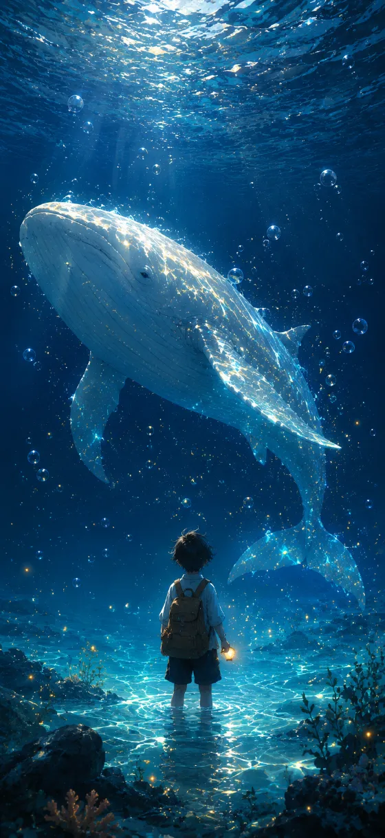 Small child standing in luminous underwater shallows beneath a giant white whale surrounded by golden bubbles and blue light.