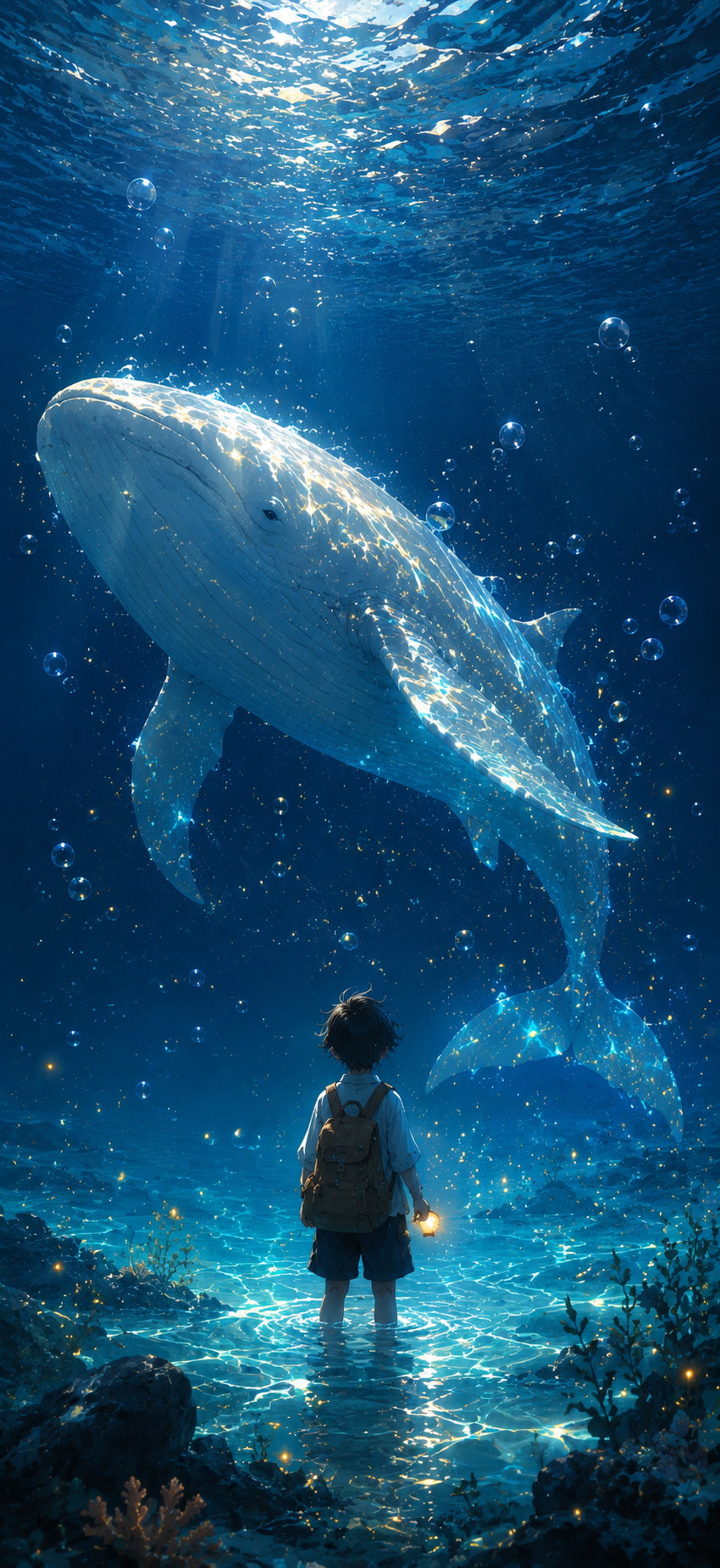 Small child standing in luminous underwater shallows beneath a giant white whale surrounded by golden bubbles and blue light.