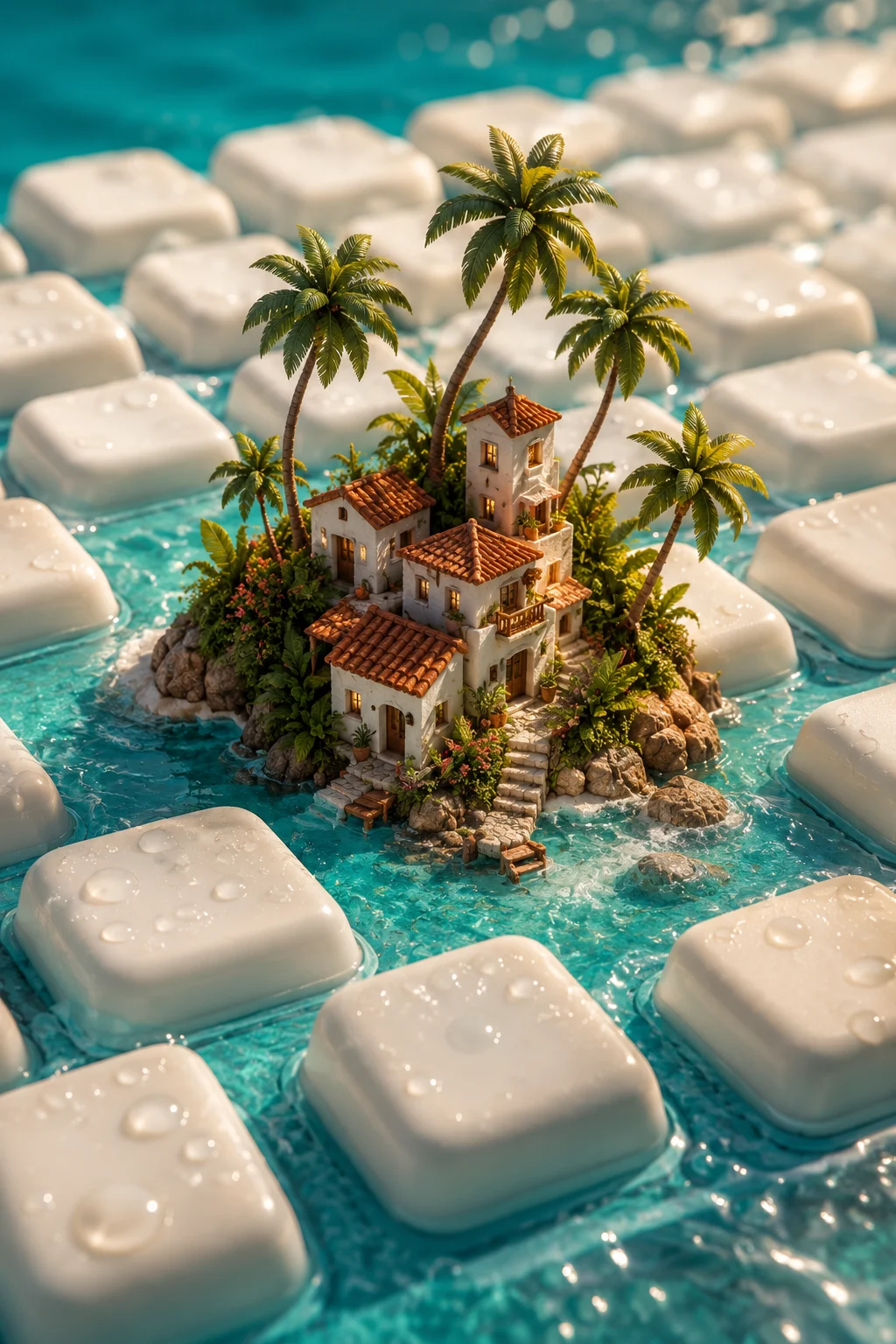 Whimsical 3D tropical island diorama with miniature houses and palm trees on a giant white keyboard.