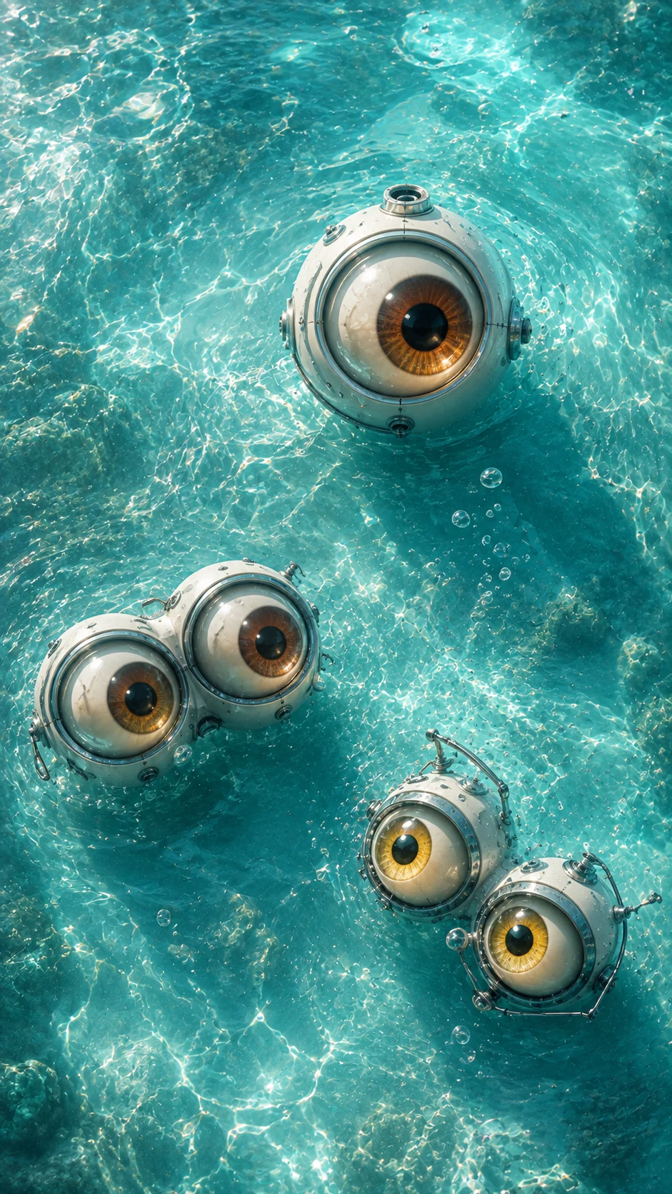 Original whimsical eye pods floating in turquoise water with bubbles and caustic reflections, in a polished 3D art style.