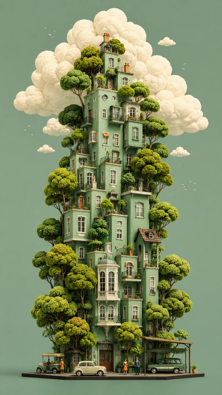 Vertical green fantasy apartment building interwoven with trees beneath large cream clouds, with tiny cars and people at the base.
