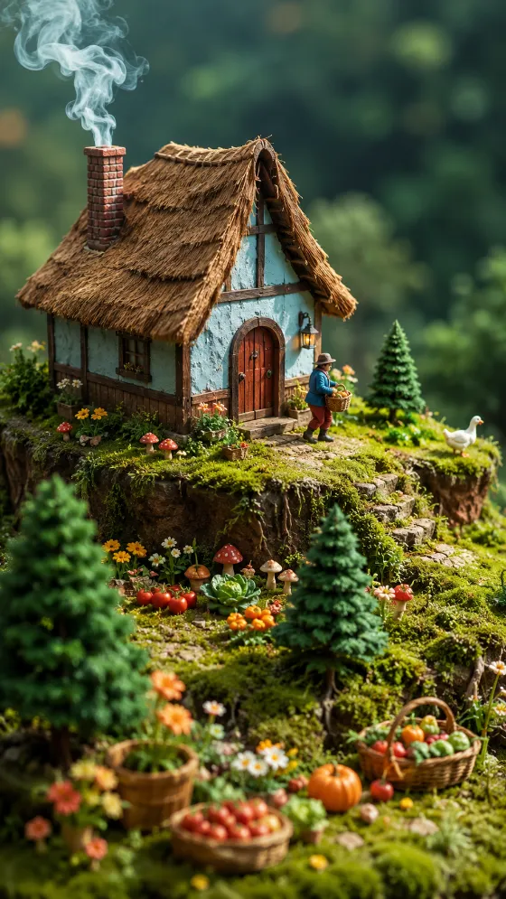 Miniature thatched cottage on a mossy terraced hill with tiny trees, produce baskets, flowers, and curling chimney smoke.