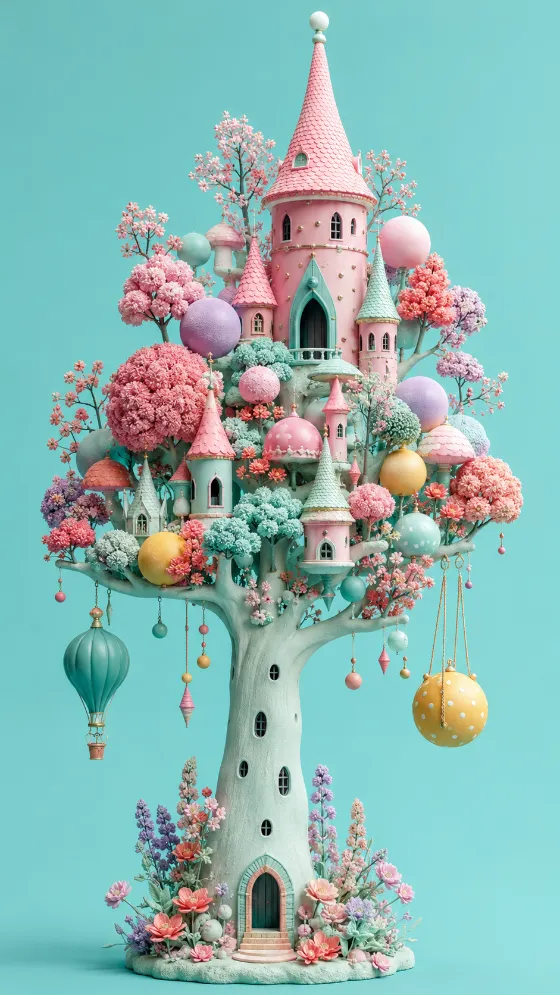 Pastel fantasy castle with pink towers and rounded foliage growing from a tall mint tree on an aqua background.