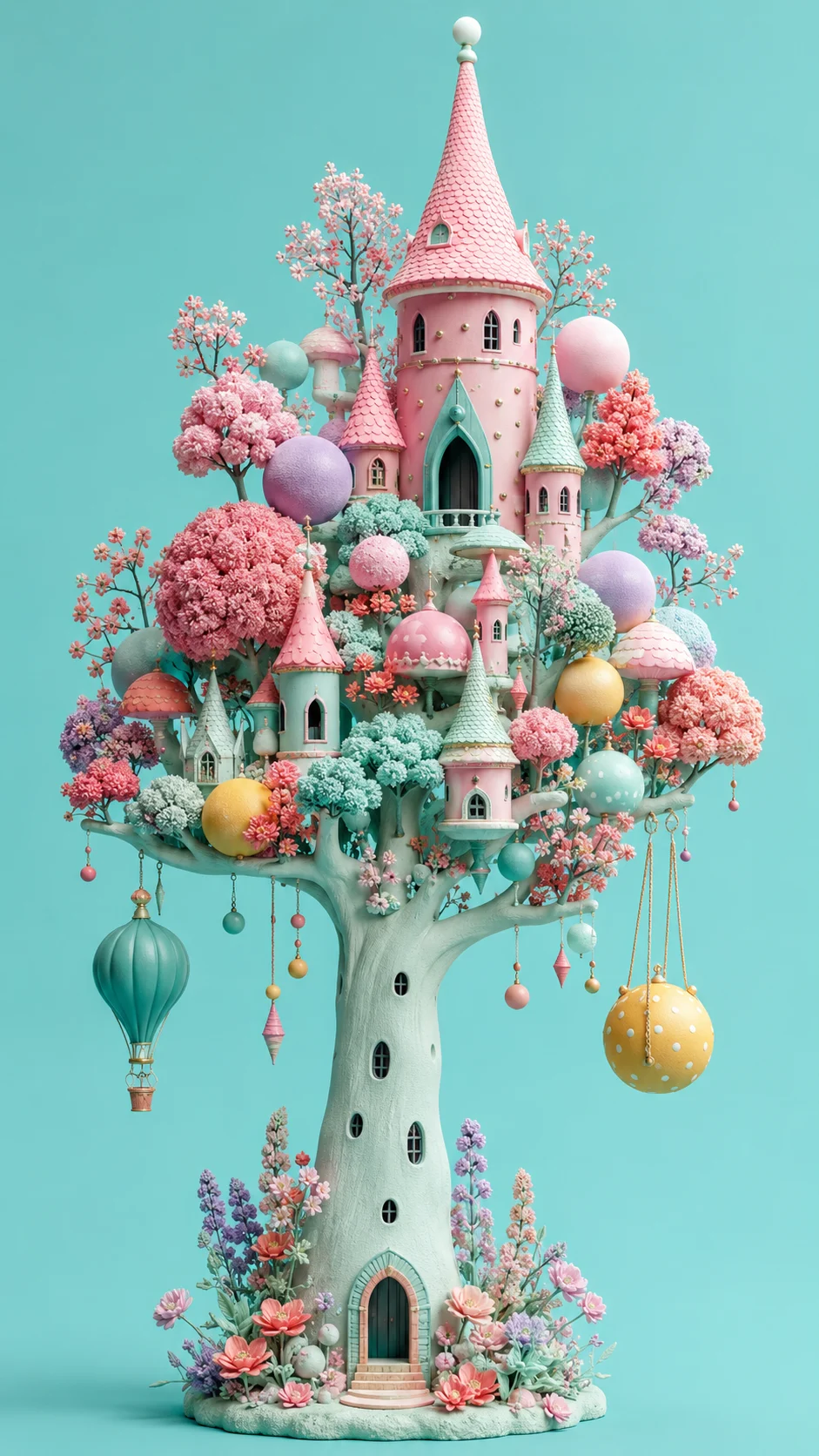 Pastel fantasy castle with pink towers and rounded foliage growing from a tall mint tree on an aqua background.