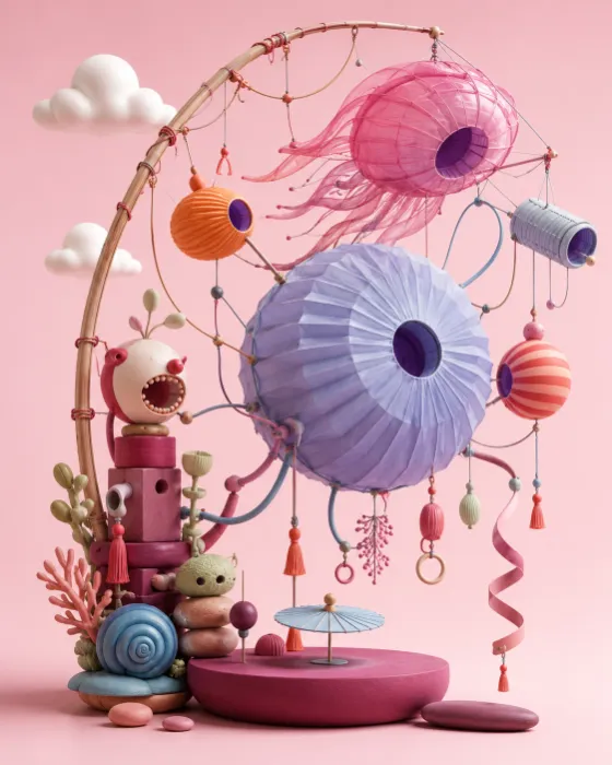 Whimsical pastel mobile with faceted lanterns, suspended pods, cords, tassels, and abstract sculptural forms.