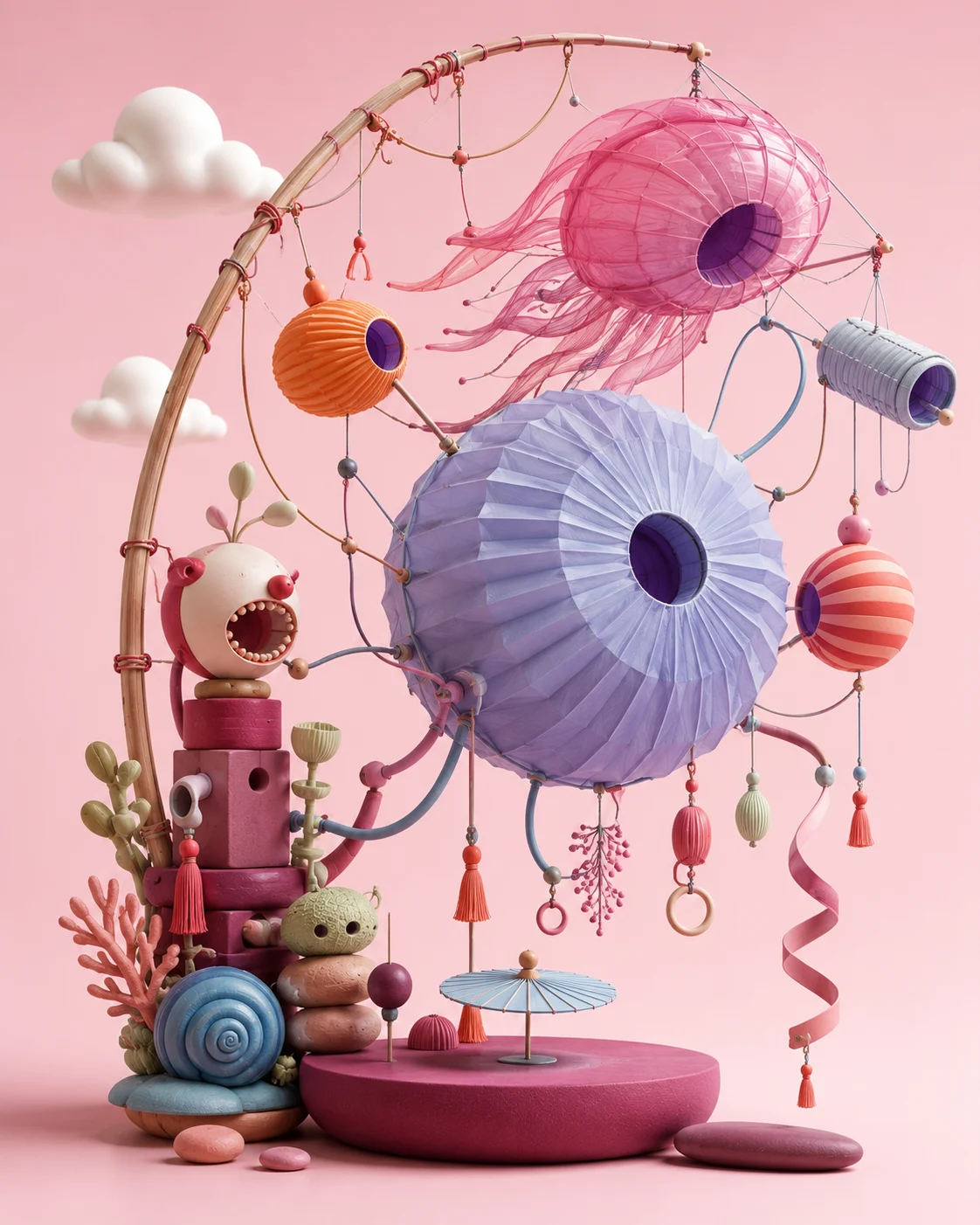 Whimsical pastel mobile with faceted lanterns, suspended pods, cords, tassels, and abstract sculptural forms.