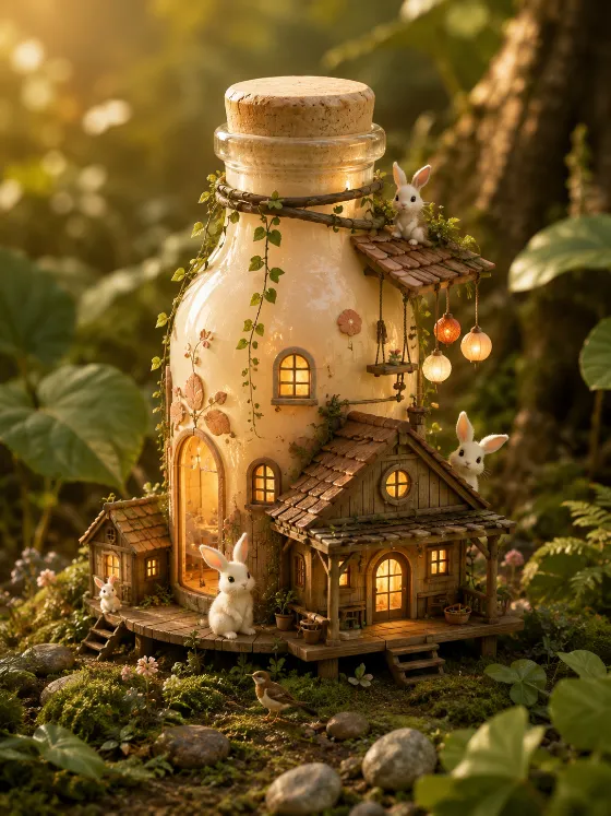 Fantasy rabbit home built around a glowing bottle with wooden cottages and forest plants.