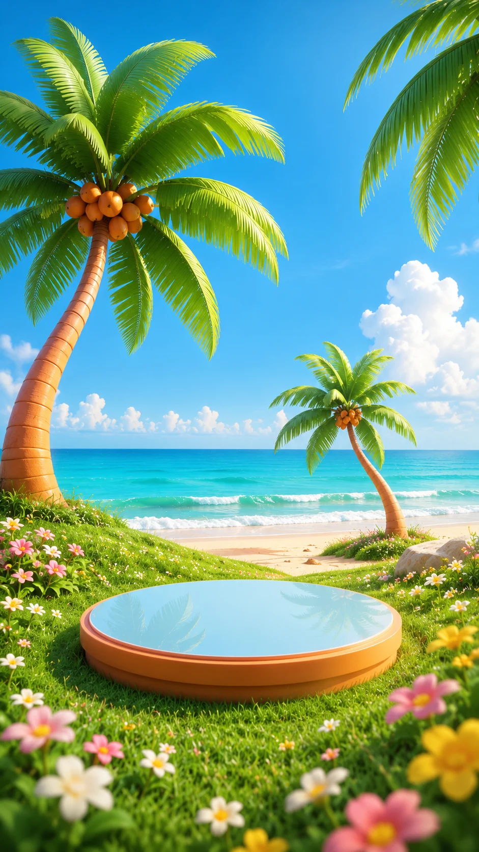 Whimsical 3D tropical beach art with curved coconut palms, turquoise ocean waves, sandy shoreline, green grass, pastel flowers, and a circular display platform.
