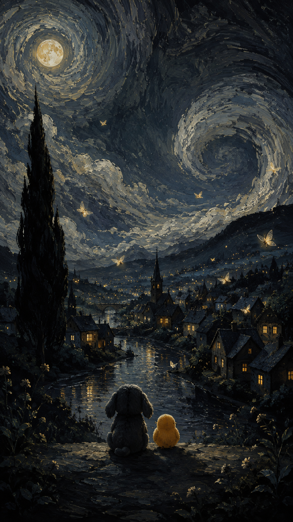 Dark painted village beneath swirling silver clouds and a golden moon, with amber windows, a reflective river, moths, and two small companions in the foreground.