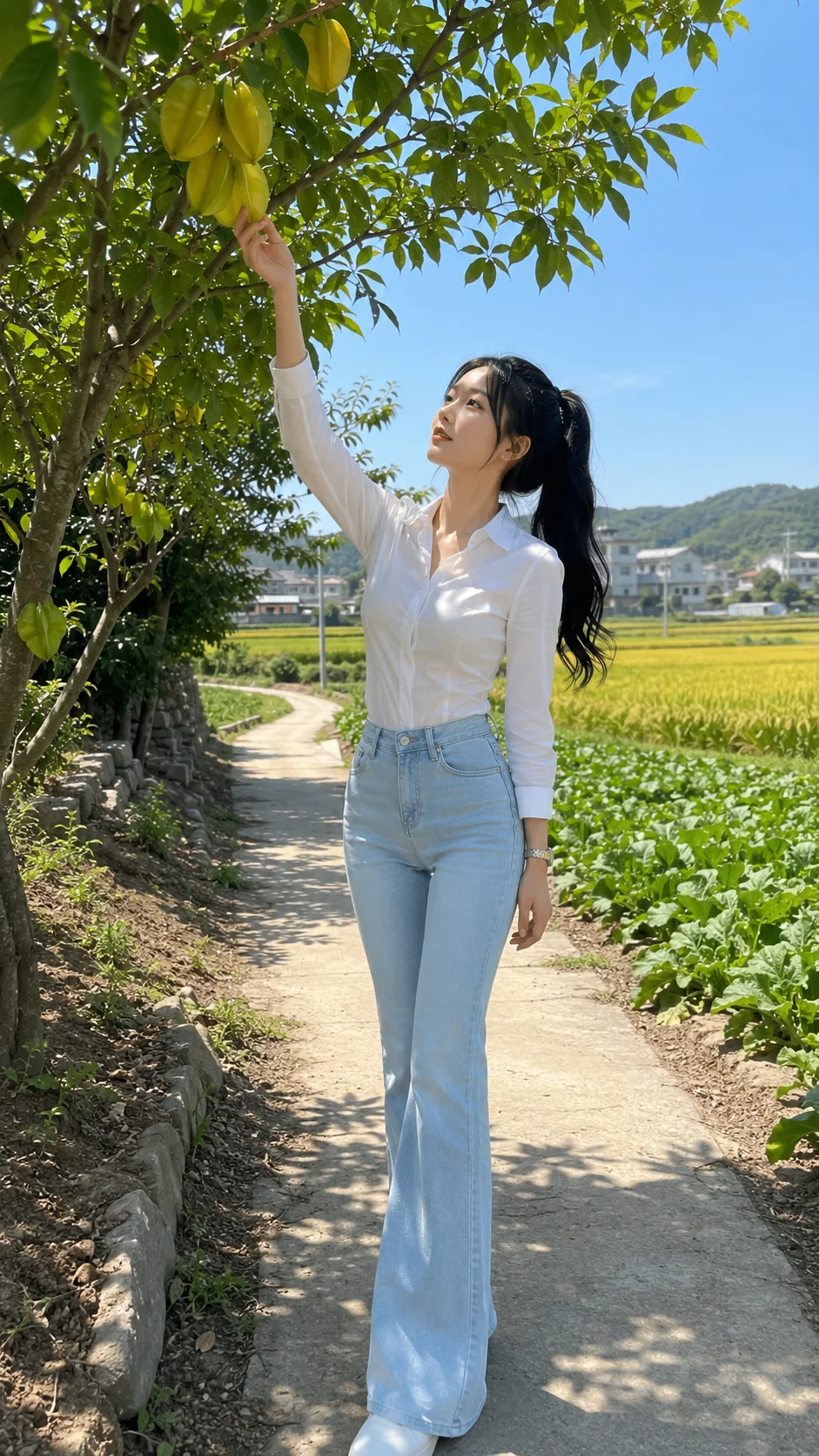 Woman in white blouse and pale blue flared jeans reaching for starfruit on a sunny rural path.