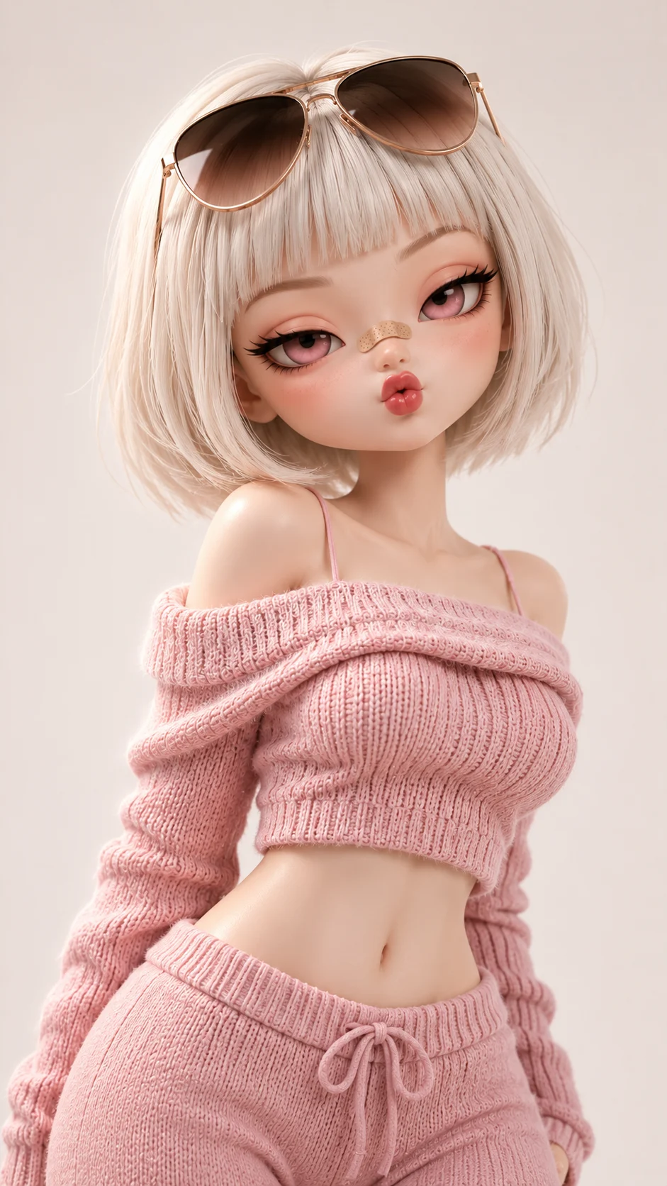 Pastel 3D character portrait with white bob hair and pink knit outfit.