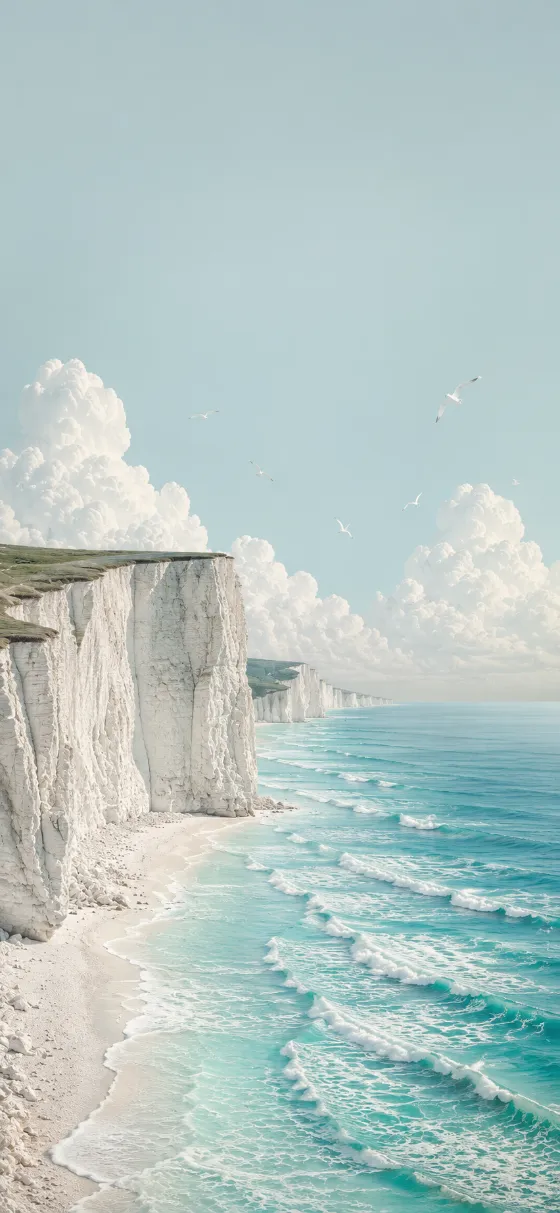 Dreamlike white chalk cliffs beside turquoise ocean waves, a pale beach, soft clouds, and small seabirds in a vertical coastal scene.