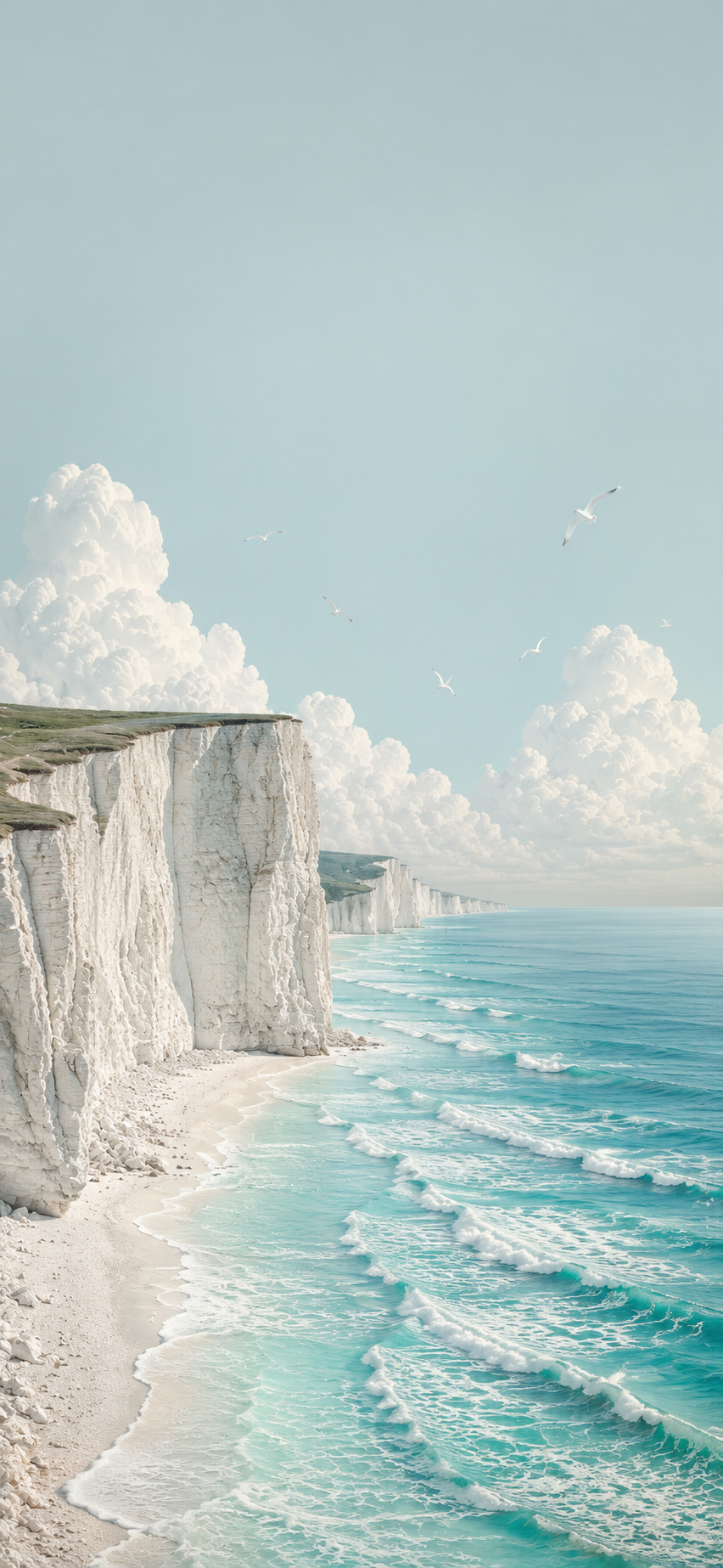 Dreamlike white chalk cliffs beside turquoise ocean waves, a pale beach, soft clouds, and small seabirds in a vertical coastal scene.
