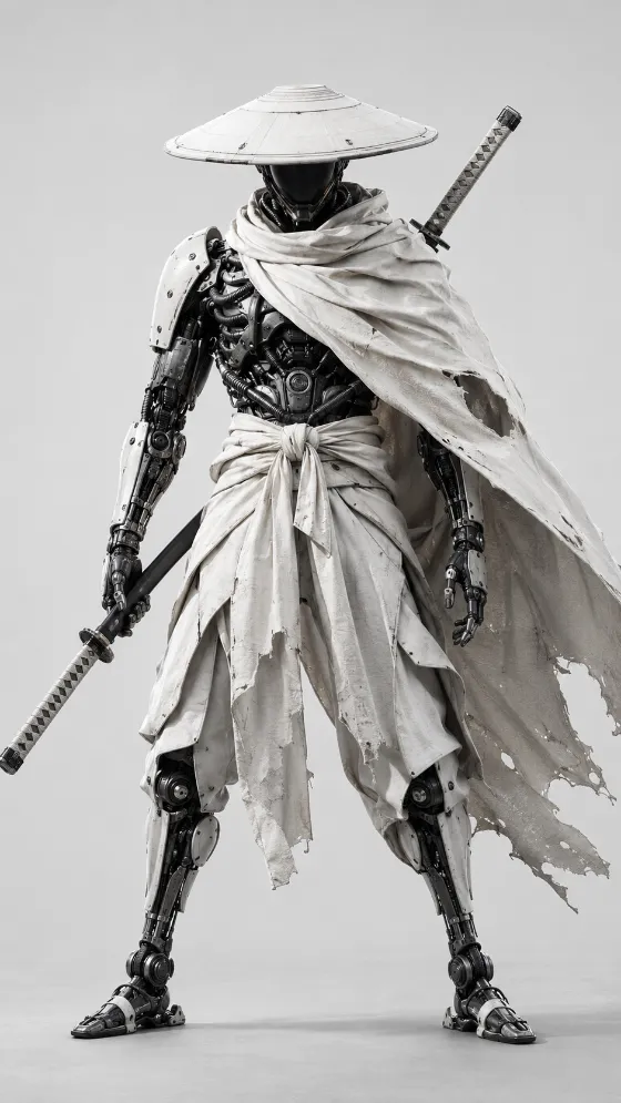 A faceless cybernetic warrior in white cloth and black metal armor holding a sheathed sword.