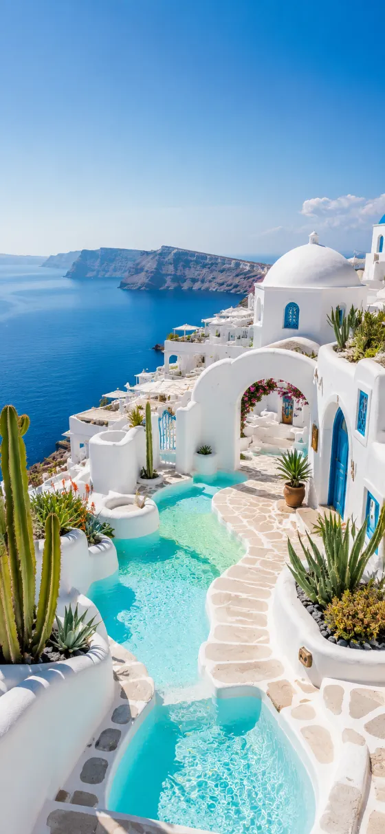 Whitewashed Mediterranean villas with turquoise pools, blue doors, cactus planters, rocky cliffs, and deep blue sea.