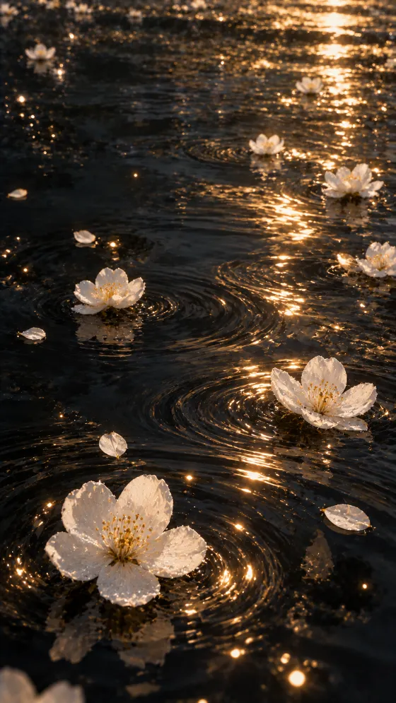 White flowers floating across dark reflective water, surrounded by concentric ripples and warm golden reflections.