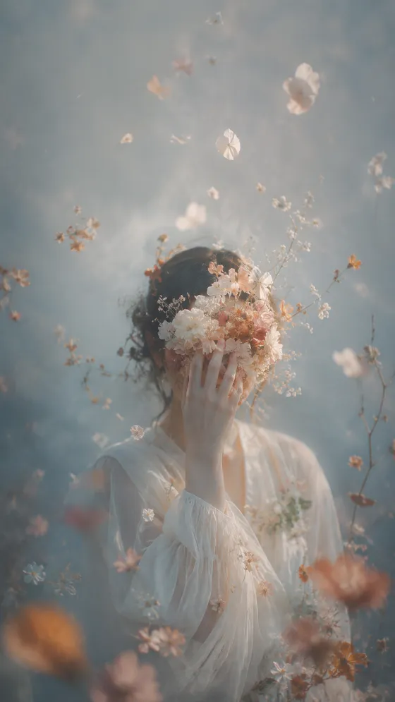 Ethereal woman in a white blouse surrounded by soft pastel flowers and floating petals.