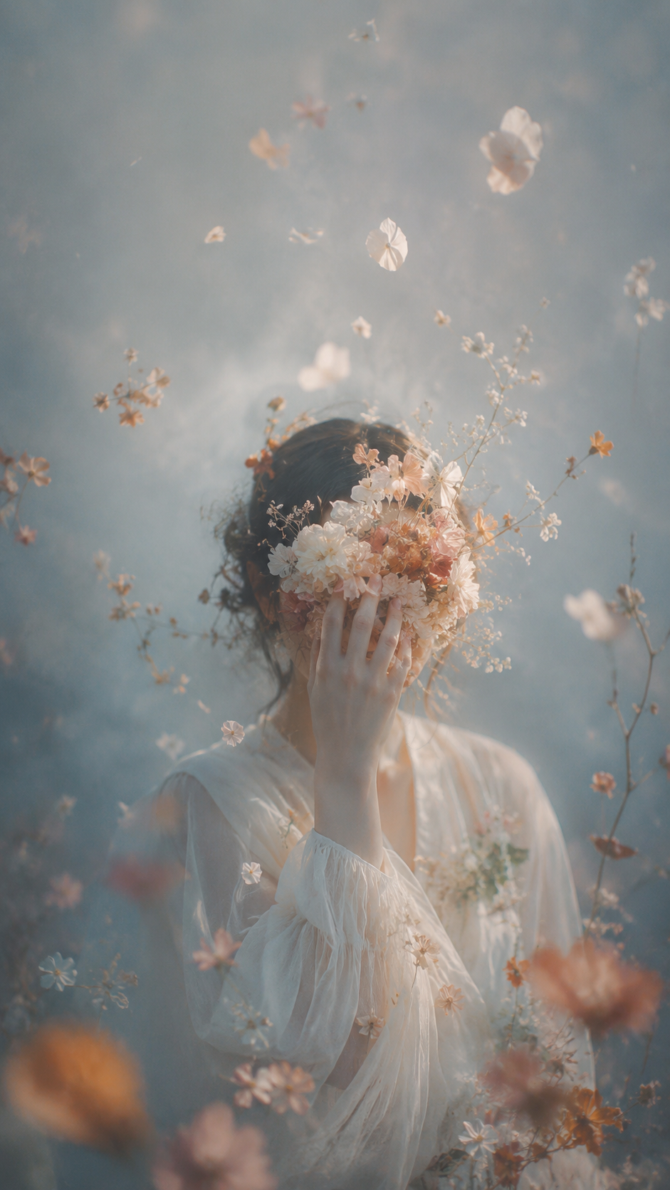 Ethereal woman in a white blouse surrounded by soft pastel flowers and floating petals.