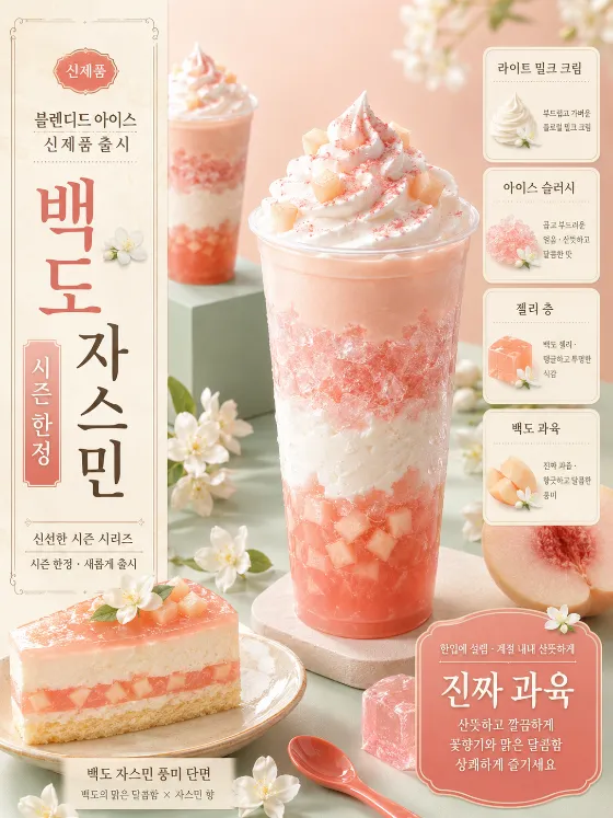 Pastel Korean beverage poster with a layered white peach jasmine drink, dessert slice, peach half, coral spoon, jasmine blossoms, and structured text panels.