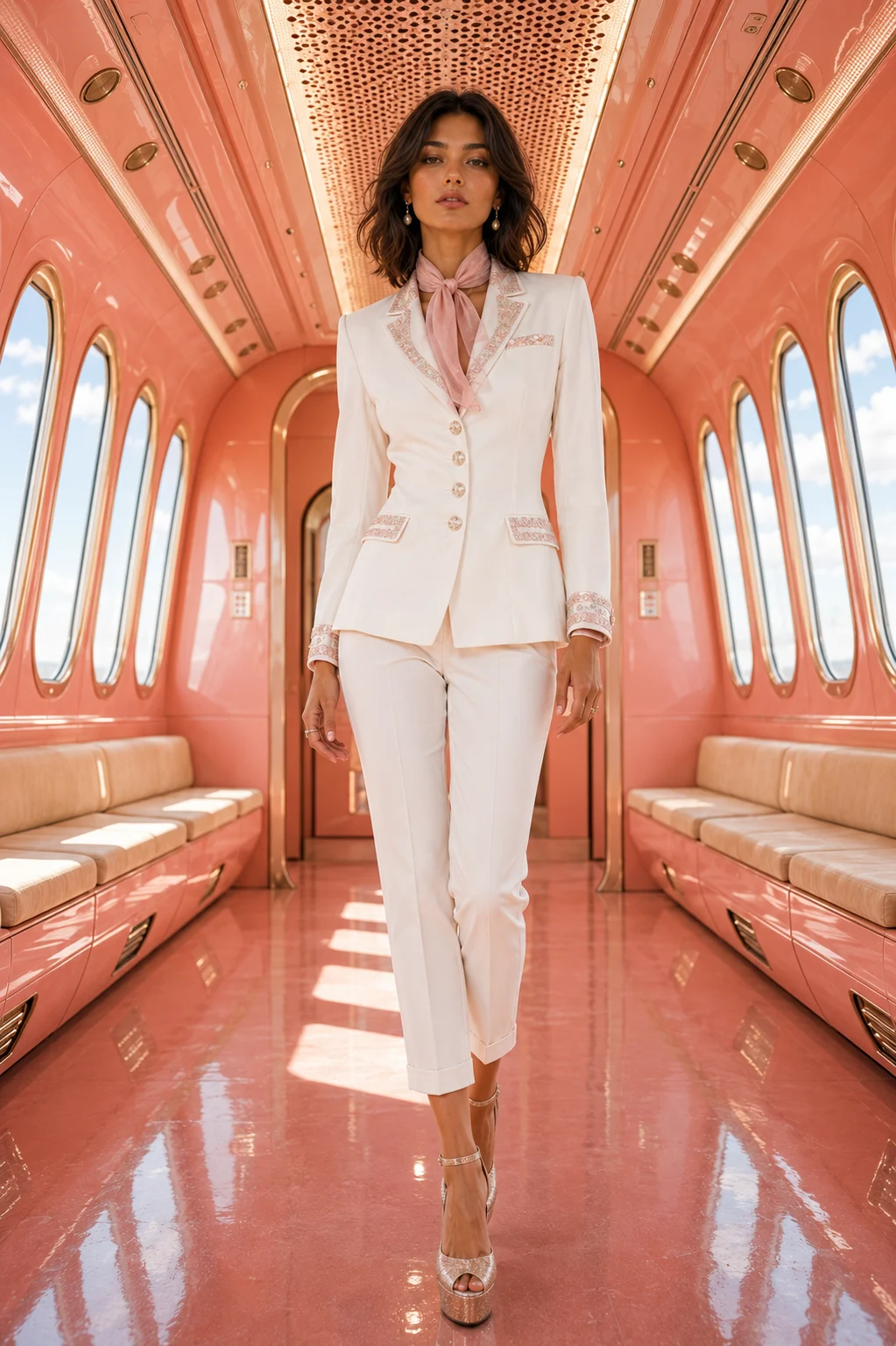 Full-body editorial fashion image of a young Northern African woman in a white suit standing in a coral-pink glossy cabin.