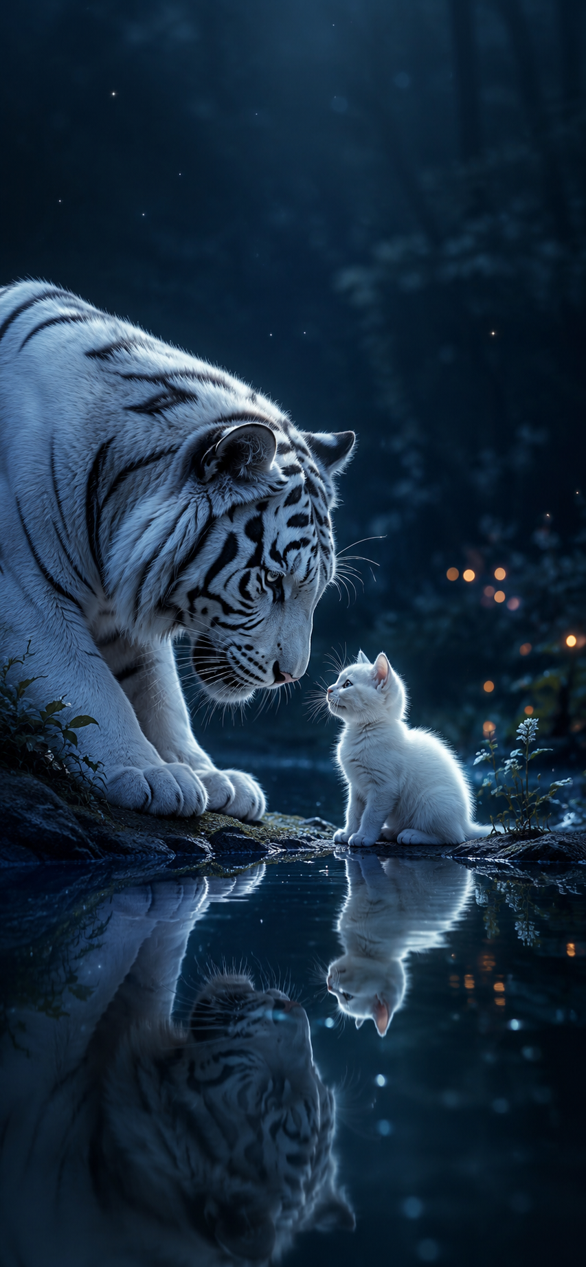 White tiger leaning toward a small white kitten beside reflective water in a dark moonlit forest wallpaper.