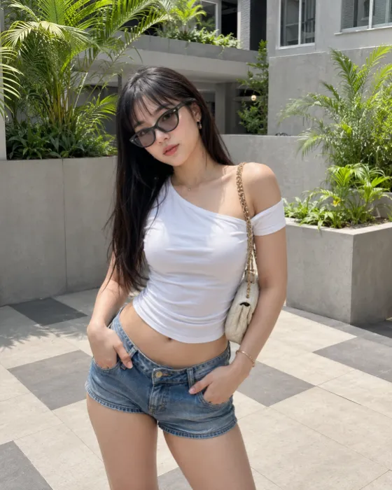Outdoor fashion portrait with a white asymmetric top, faded denim shorts, black cat-eye glasses and palm trees in a bright residential courtyard.