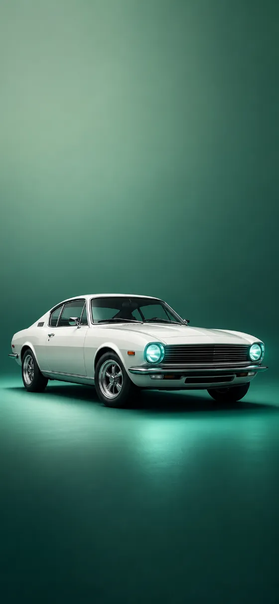 White vintage coupe with glowing cyan headlights on a green studio gradient background, minimalist automotive wallpaper composition.