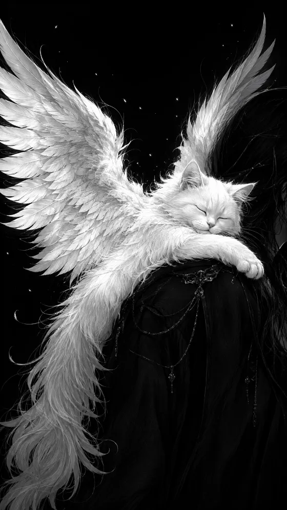 White Winged Cat Illustration Wallpaper for phone wallpaper