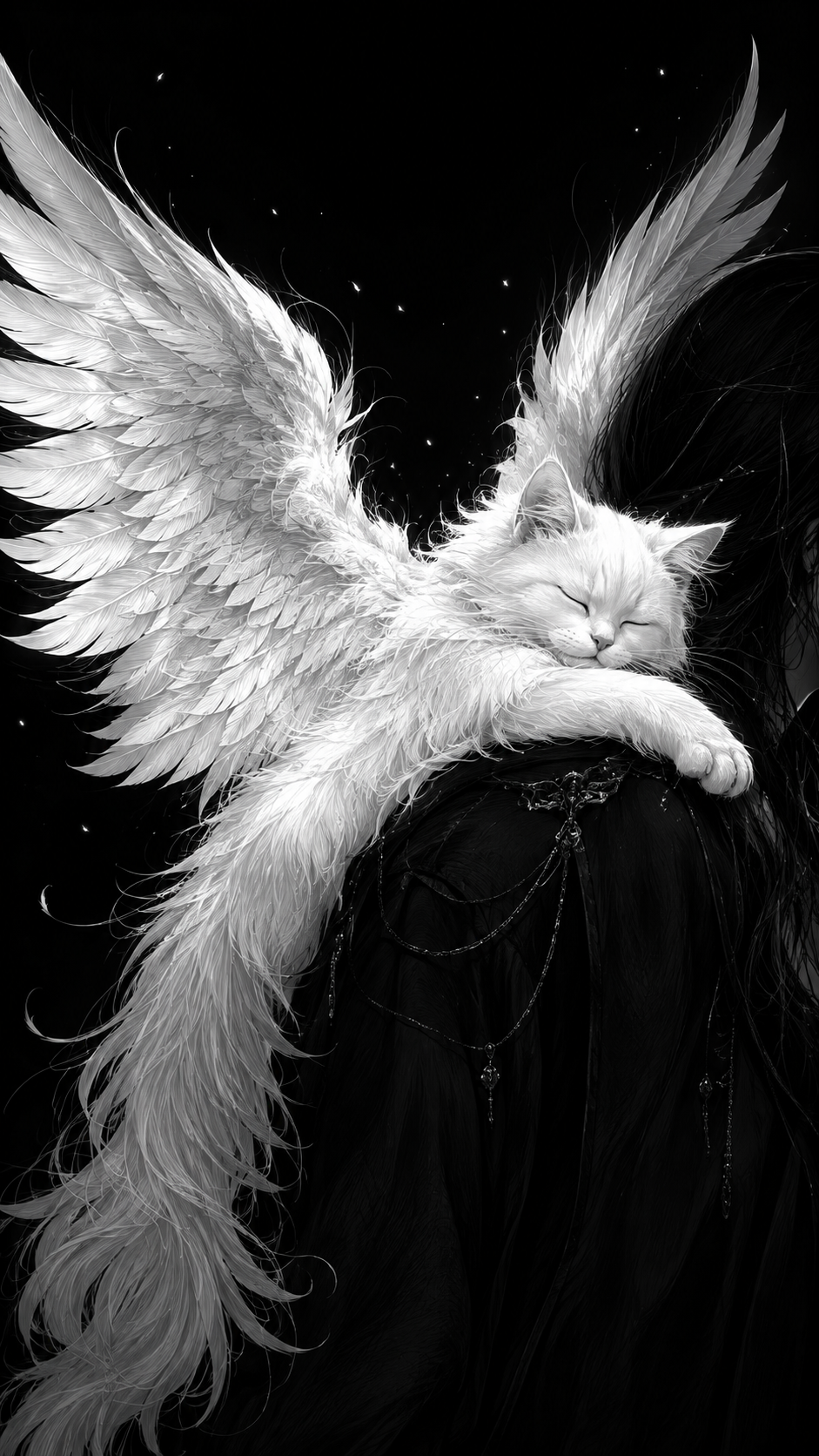 White Winged Cat Illustration Wallpaper for phone wallpaper