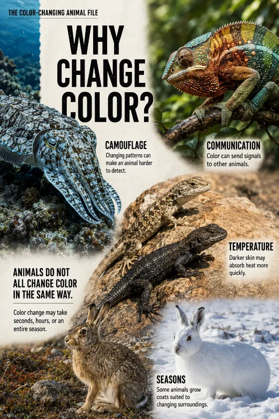 Educational wildlife magazine scene with a cuttlefish, chameleon, lizard, and Arctic hare demonstrating four reasons for color change.